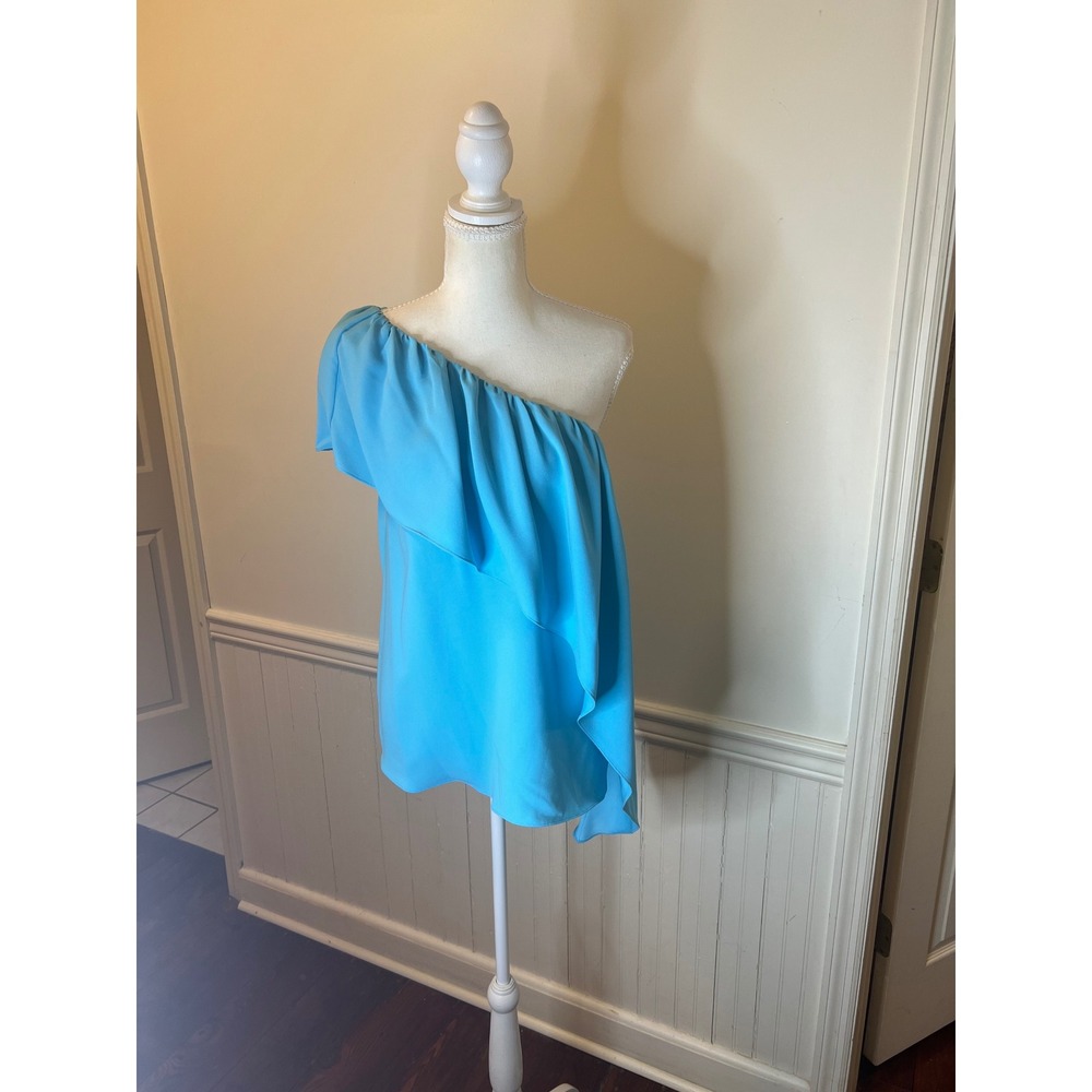 Trina Turk‎ Satisfied Top Turquoise Blue One Shoulder Ruffle Blouse Size M - Picture 3 of 9